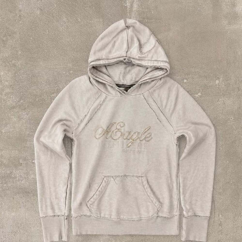 American Eagle Distressed Y2K Cream Hoodie Sweatshirt